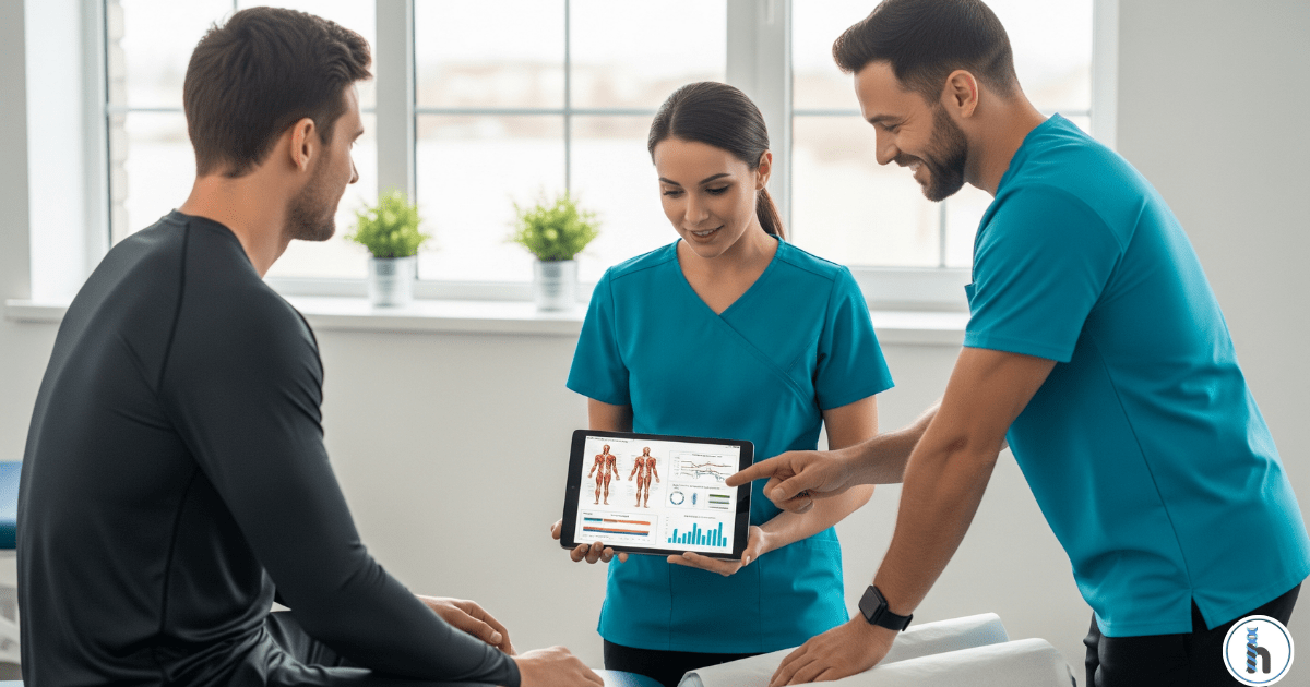 A physical therapist and a chiropractor demonstrate the benefits of chiropractic and PT integration by showing an athlete his sports injury recovery data on a tablet EMR.
