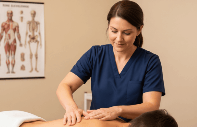 A physical therapist performing massage therapy on a patient’s back in a clinical rehab setting, representing chiropractic and massage therapy for rehabilitation as part of an integrated care plan.