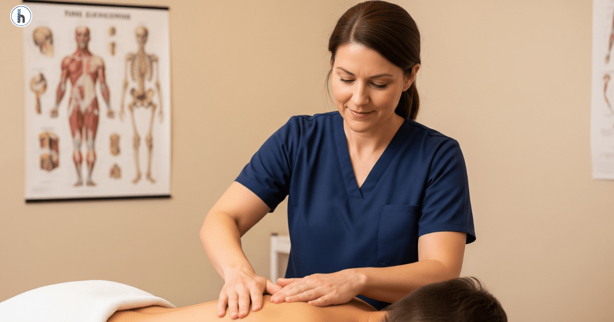 A physical therapist performing massage therapy on a patient’s back in a clinical rehab setting, representing chiropractic and massage therapy for rehabilitation as part of an integrated care plan.