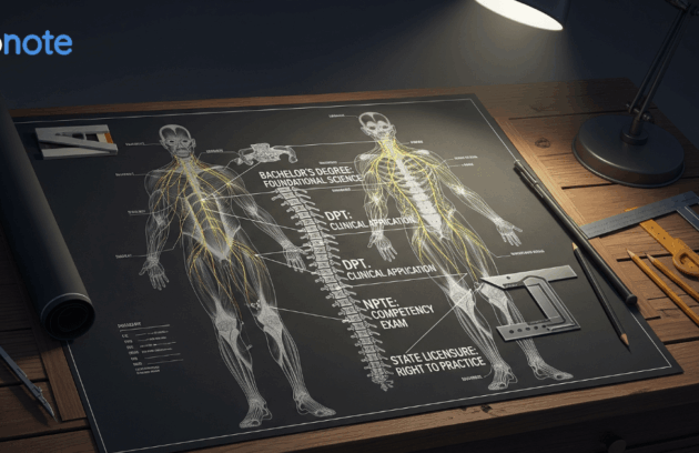 An anatomical blueprint on a drafting table visualizes the steps for how to become a physical therapist, with educational milestones like the DPT and NPTE exam mapped along the human spine.