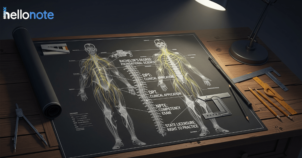 An anatomical blueprint on a drafting table visualizes the steps for how to become a physical therapist, with educational milestones like the DPT and NPTE exam mapped along the human spine.