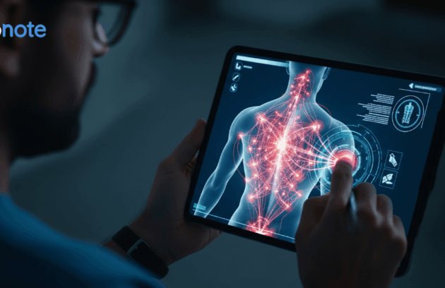 A therapist uses a tablet to plan a session of massage therapy for chronic pain by analyzing a digital map of nerve and muscle trigger points.