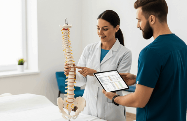 A female chiropractor and a male physical therapist discussing chiropractic care for chronic pain using a spinal model and a tablet with EMR data.