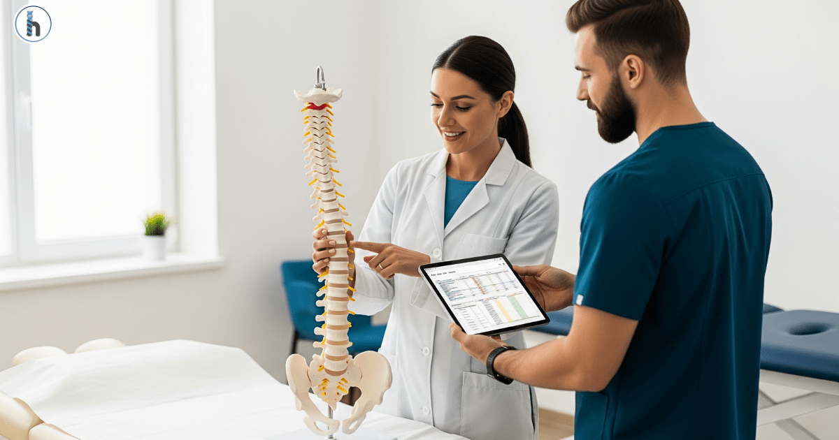 A female chiropractor and a male physical therapist discussing chiropractic care for chronic pain using a spinal model and a tablet with EMR data.
