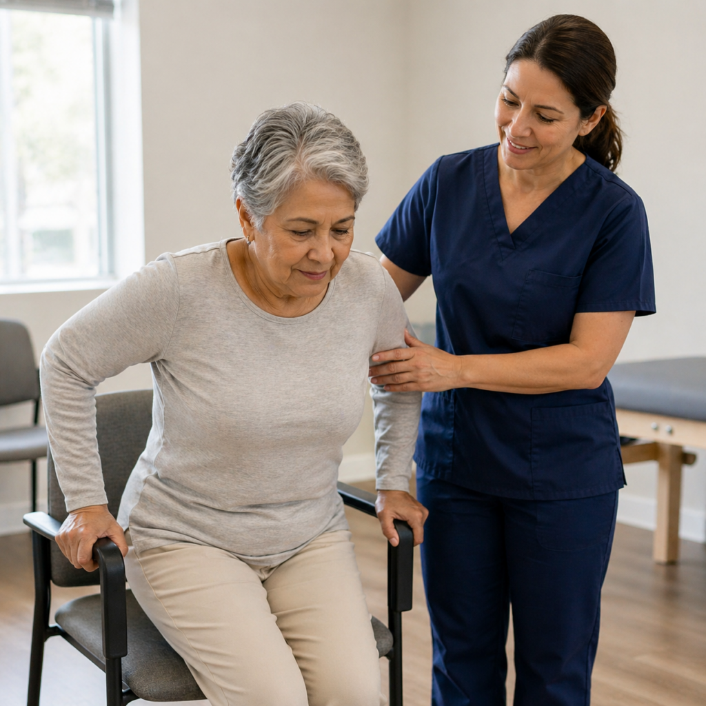 Occupational therapist guiding elderly patient through sit-to-stand therapeutic activity CPT 97530 in outpatient clinic