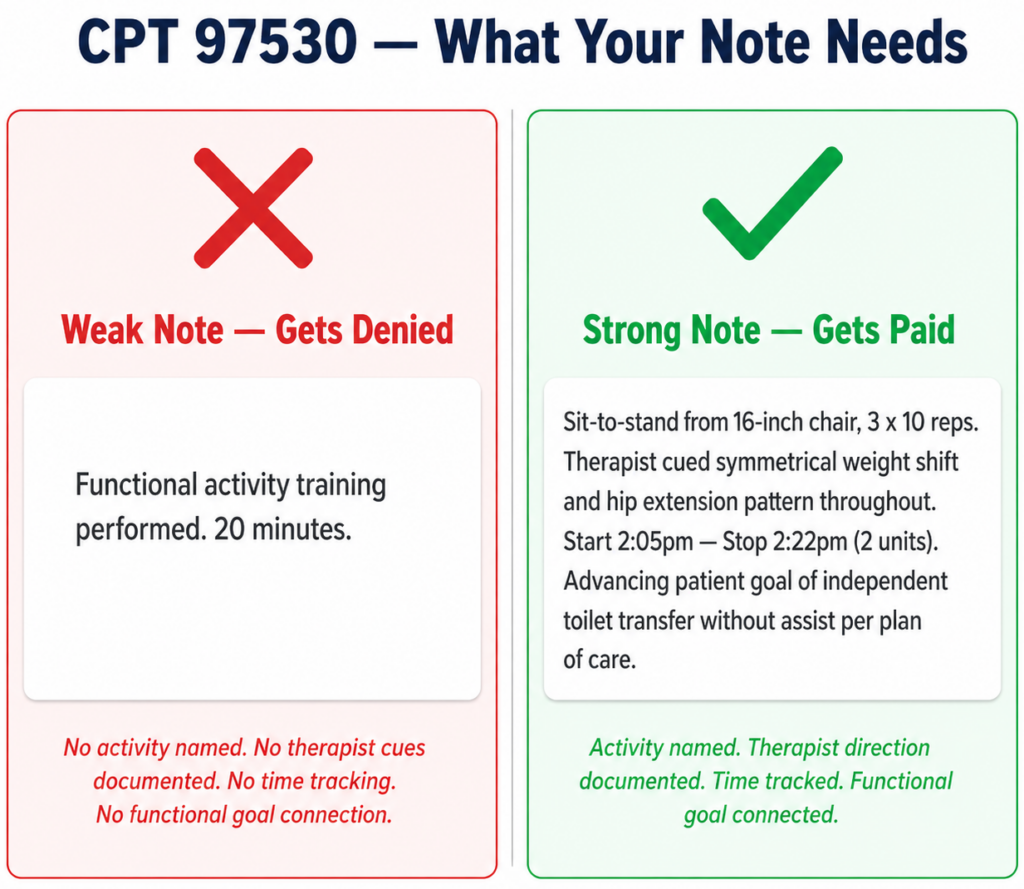 CPT 97530 documentation comparison showing weak note versus strong note with functional goal connection example