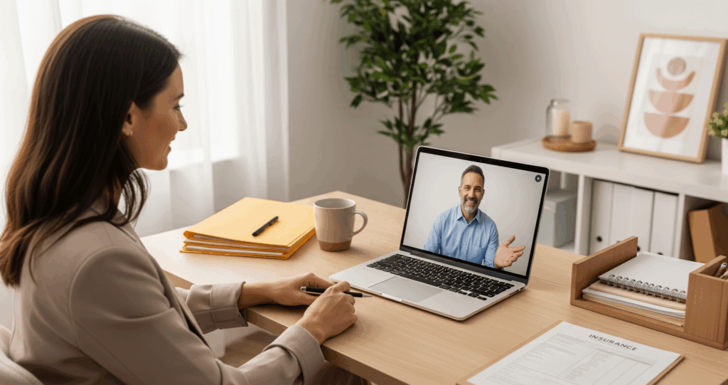 Therapist joining a HelloNote billing training session online with a billing specialist providing support.