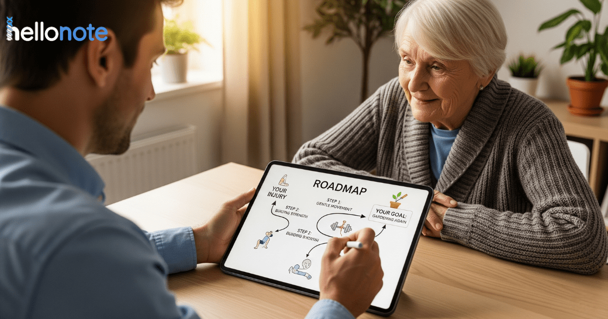 A male therapist uses a tablet to demonstrate how to explain therapy to patients, showing an older woman a visual recovery 'roadmap' from her injury to her personal goal of gardening again.