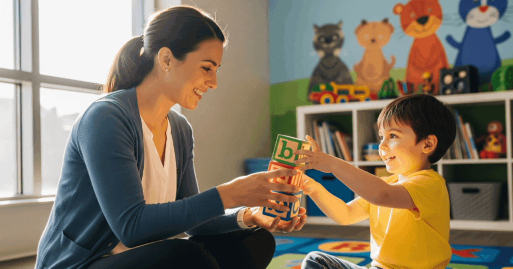 A female speech-language pathologist engages with a young boy in a pediatric clinic, demonstrating the focused patient care that a streamlined speech therapy EMR enables.