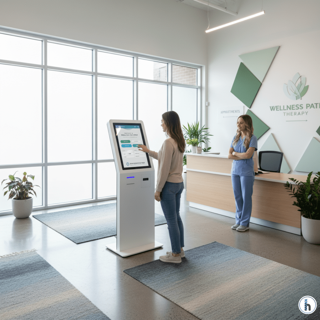 A patient uses a self-service kiosk at a therapy clinic while a receptionist observes, demonstrating how the best healthcare kiosk software improves front desk efficiency.