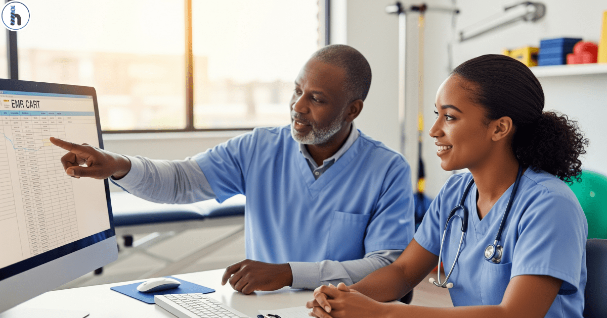 A senior therapist mentors a younger colleague on therapy documentation, pointing to a computer screen showing an EMR chart with electronic medical records abbreviations.