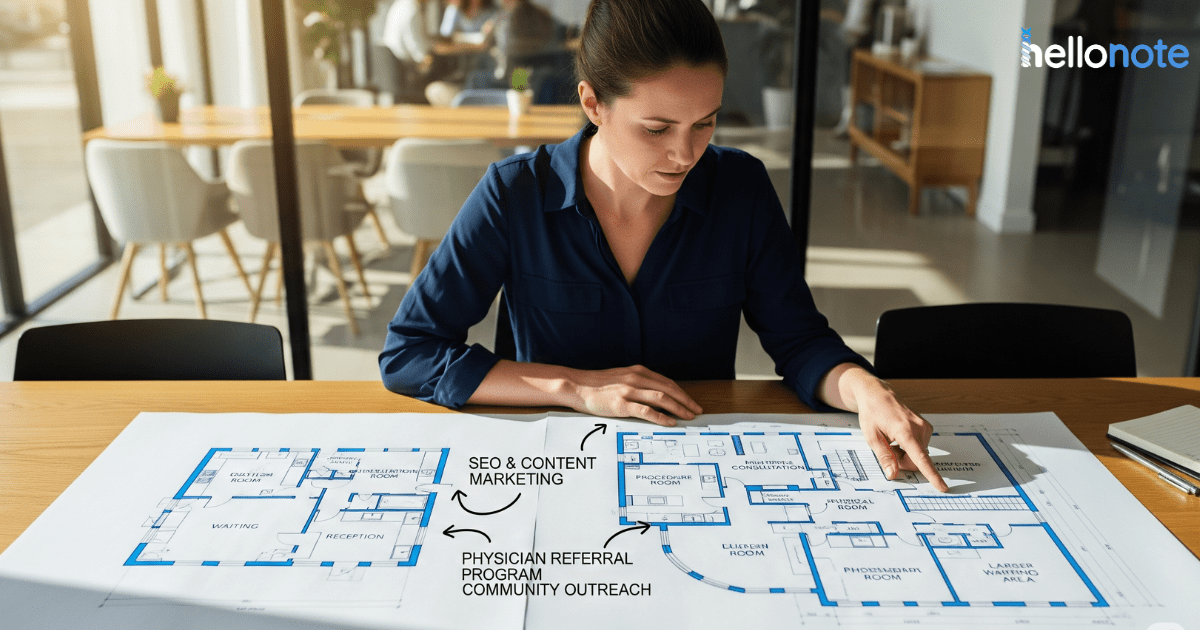 A clinic owner plans her physical therapy marketing strategy by reviewing a blueprint that shows clinic growth resulting from SEO, content marketing, and physician referrals.