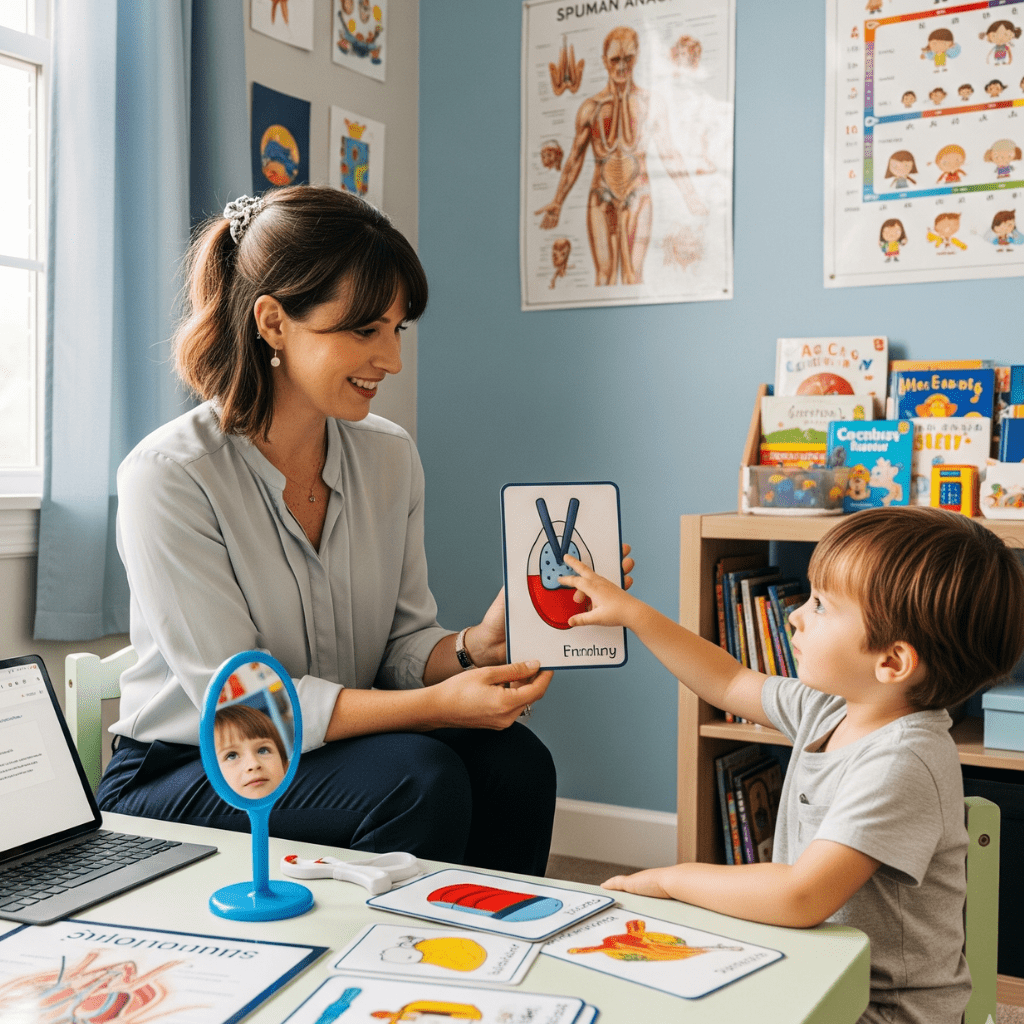 Female speech language pathologist using articulation flashcards with a young child during a therapy session, with a laptop and EMR tools on the desk.