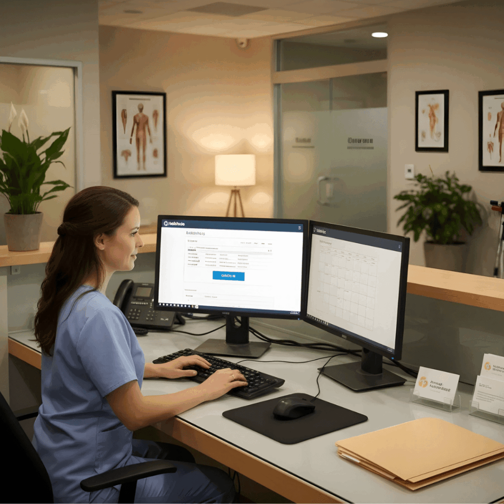 Therapist using the best EMR for front desk in therapy clinic