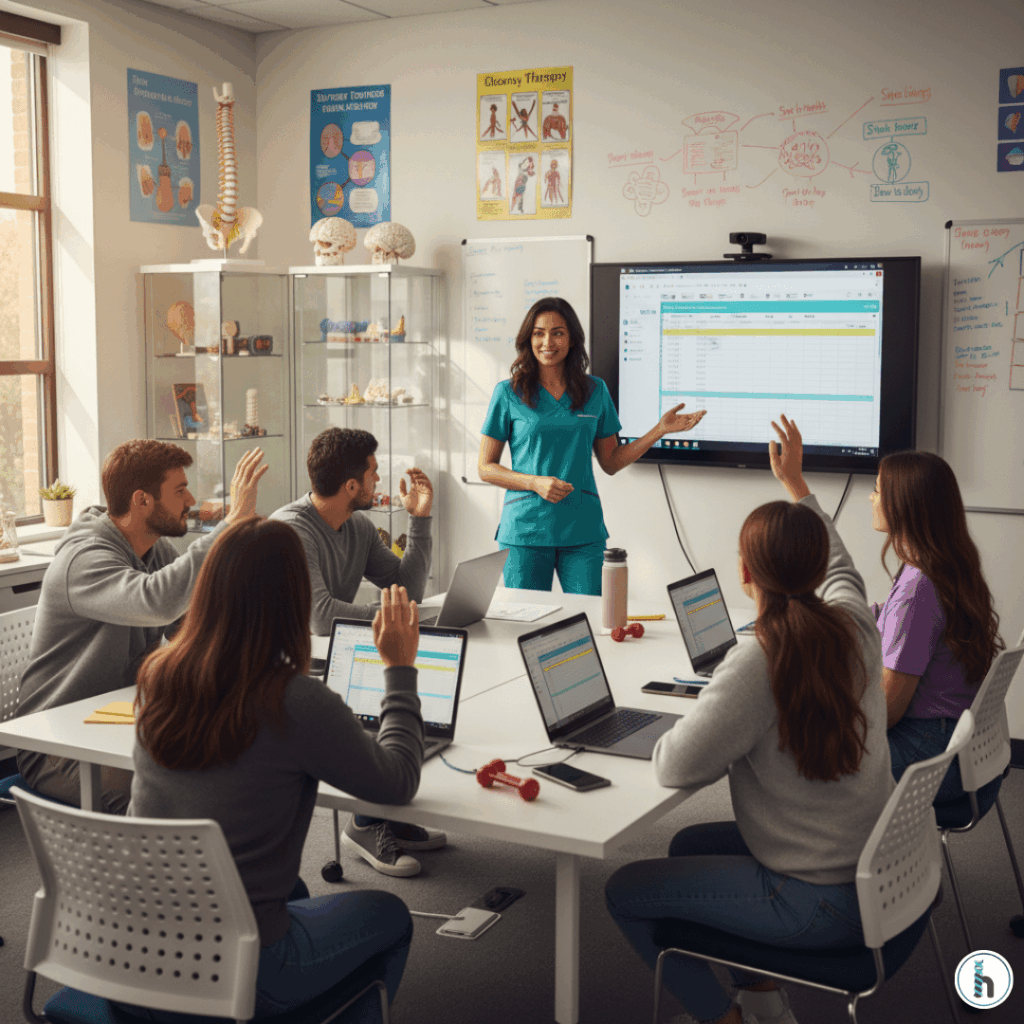 Therapy instructor in scrubs teaching best EMR training to students in a classroom with laptops and anatomy visuals