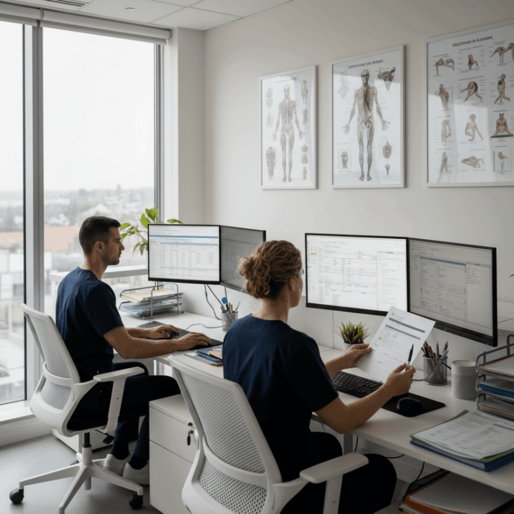 Two billing team members working at a modern therapy clinic using the best EMR for billing team workflows, with multiple computer monitors displaying billing software.