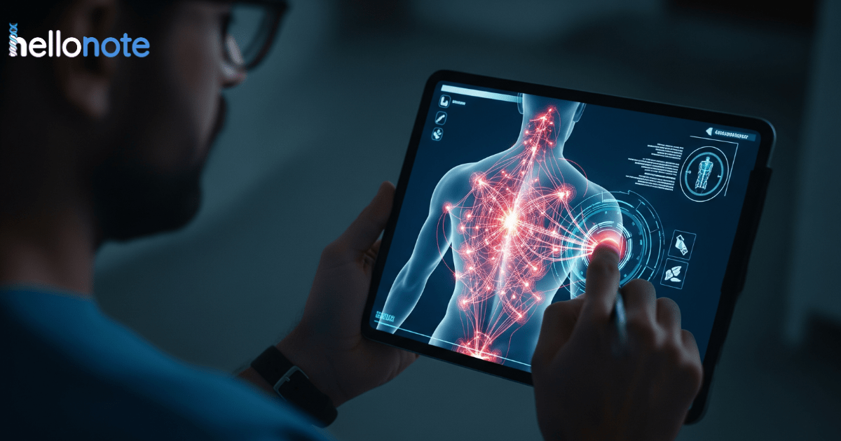 A therapist uses a tablet to plan a session of massage therapy for chronic pain by analyzing a digital map of nerve and muscle trigger points.