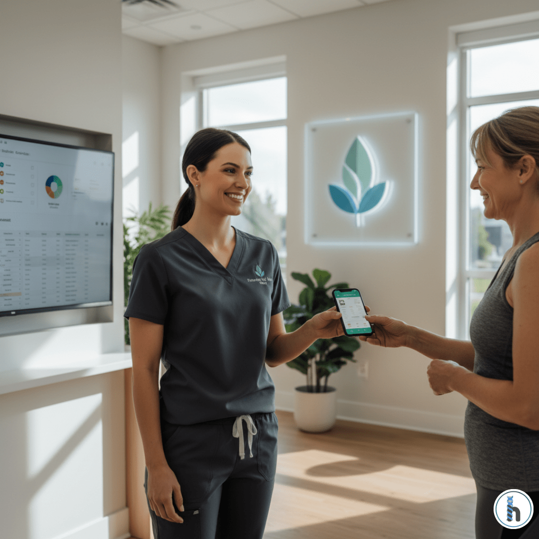 Therapist using the best EMR for cash-based practice, accepting mobile payment from a patient at a modern clinic front desk