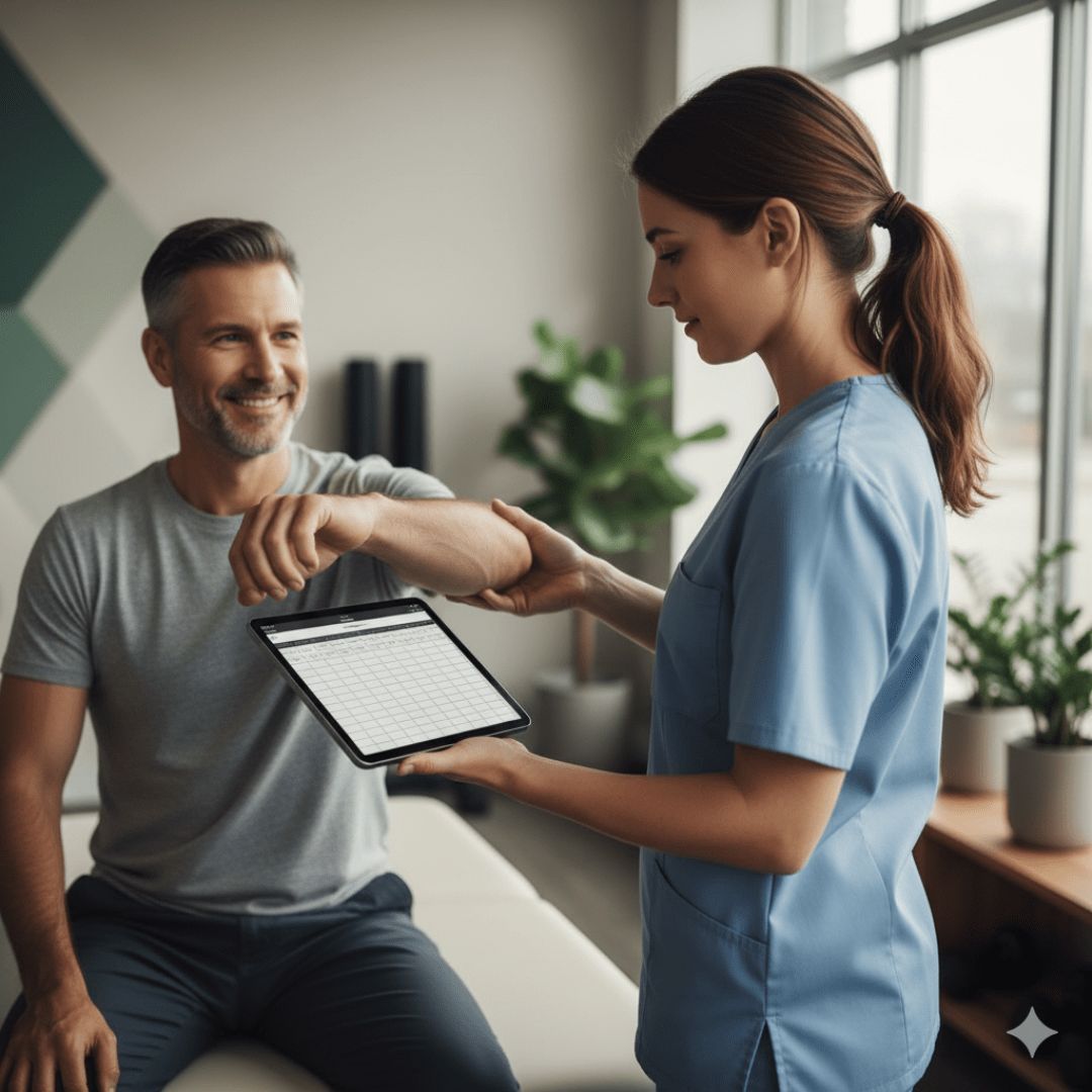 Solo therapist using a tablet to document patient progress during a therapy session in a modern clinic, representing the best EMR for solo practice.