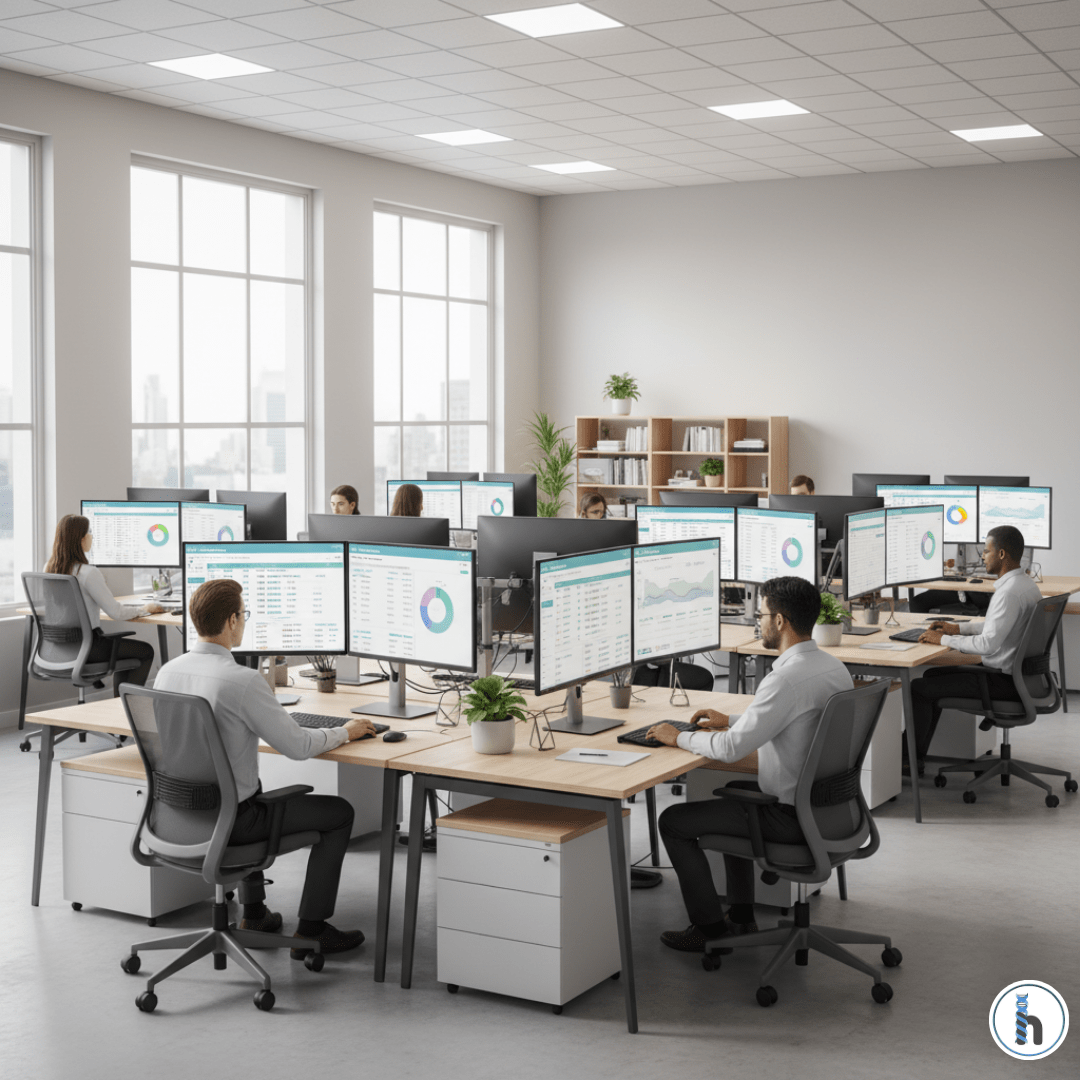 Medical billing specialists using EMR software in a modern office, representing the best EMR for billing companies