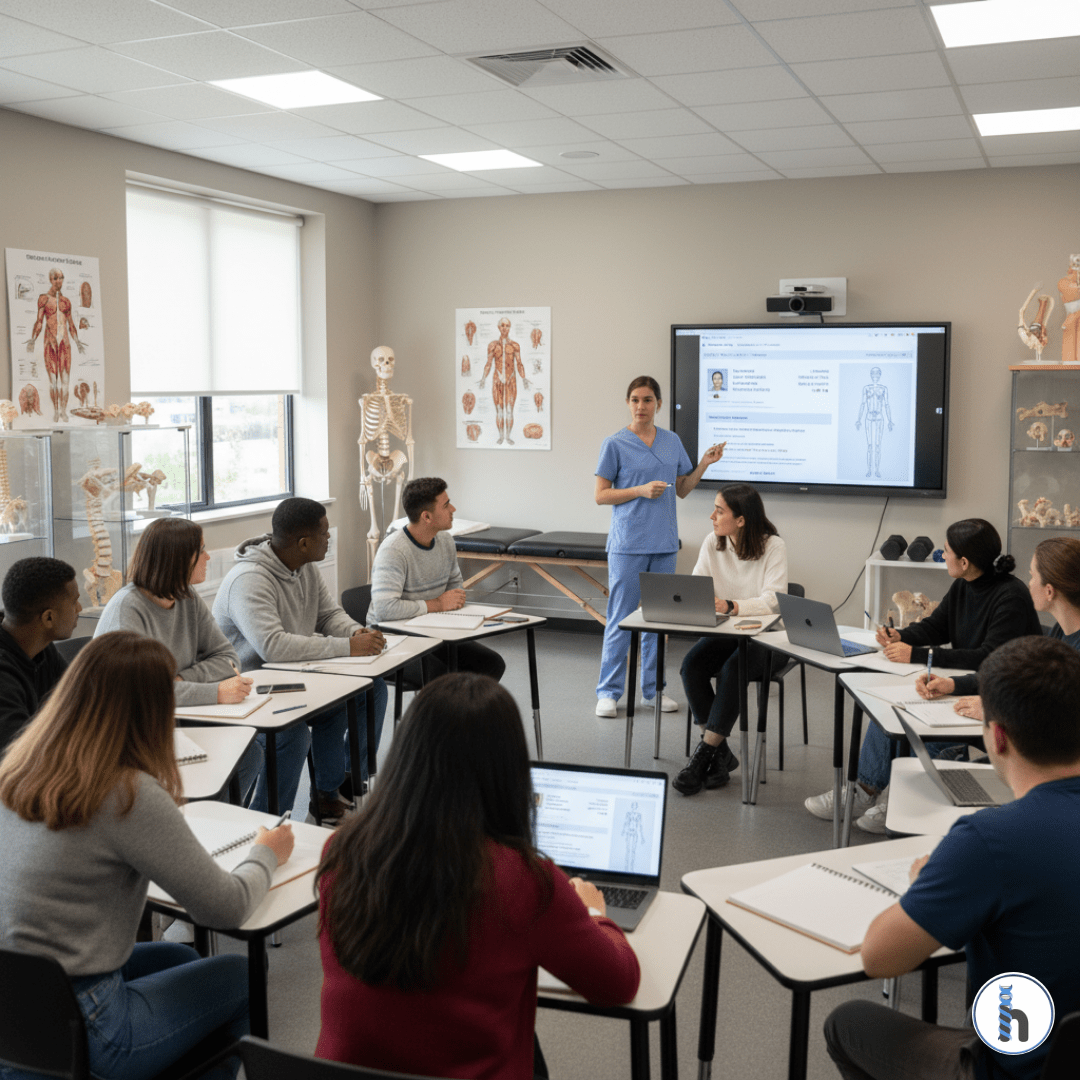 Therapy school educator teaching students using the best EMR for therapy schools and institutions on a digital screen in a modern classroom.