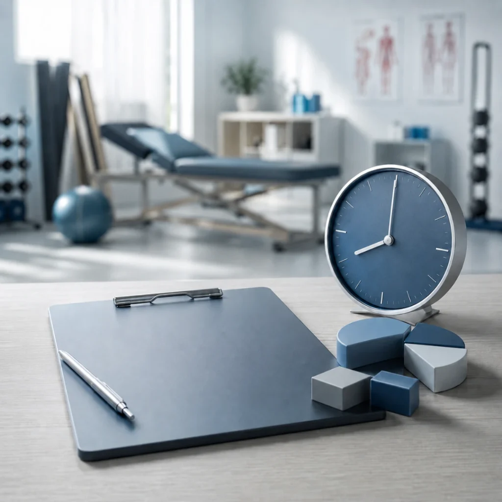 Clock showing 8:00 in a therapy clinic representing the 8-minute rule for therapy billing