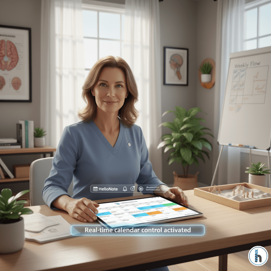 Therapist using HelloNote scheduling on a tablet for real-time calendar control in a modern clinic.