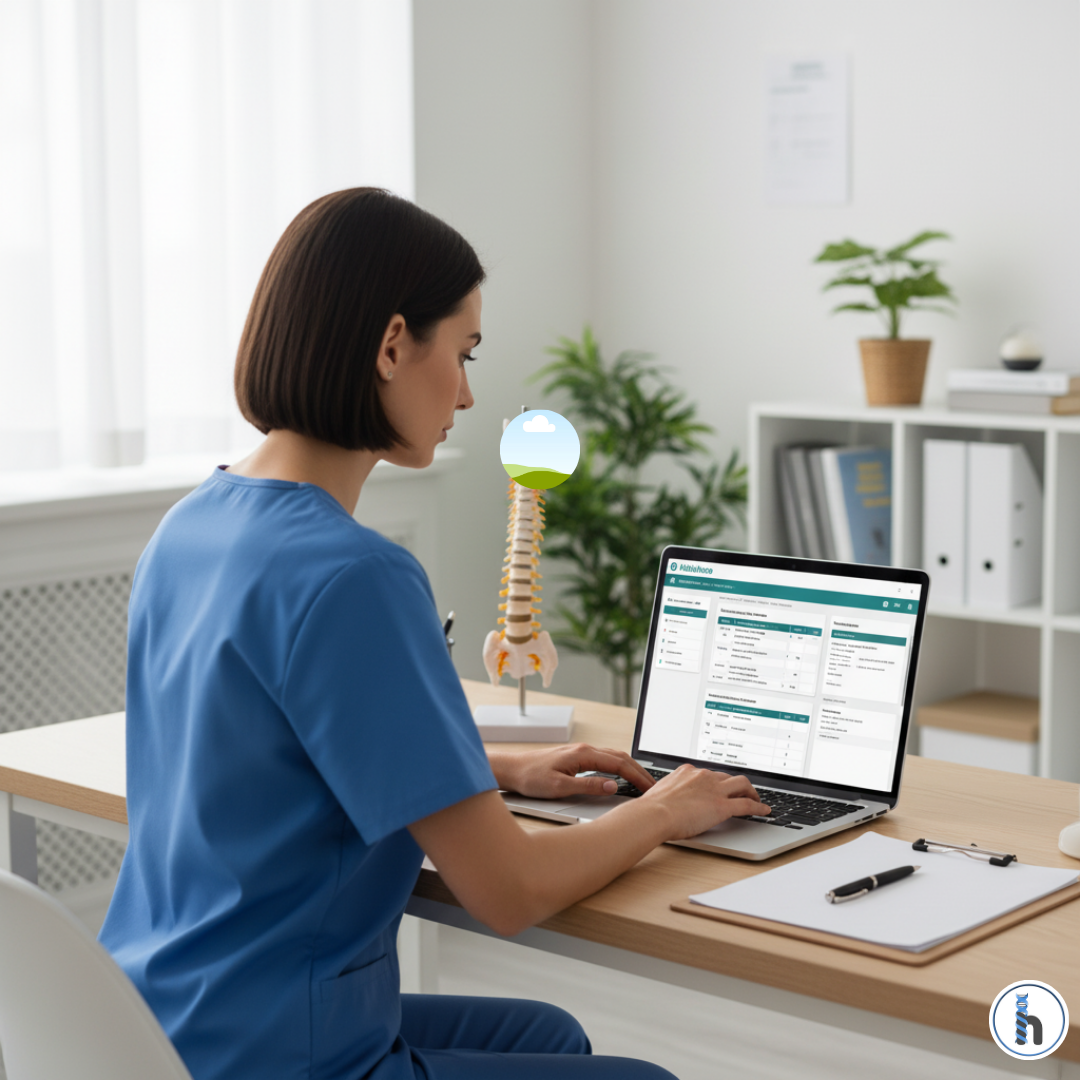 Therapist using HelloNote documentation on a laptop to complete clinical notes in a modern therapy office.