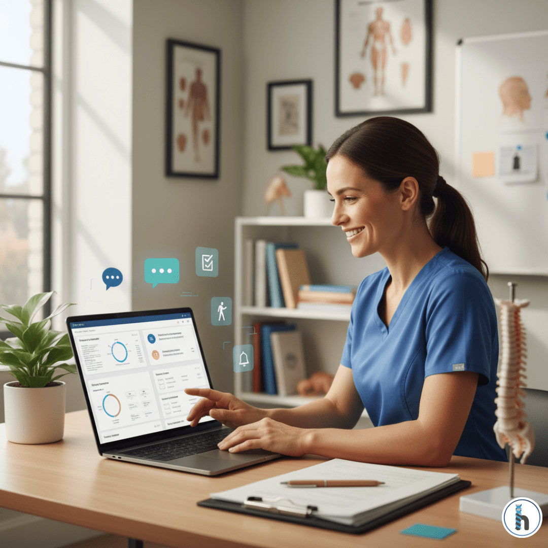 Therapist using HelloNote patient engagement feature on a laptop to review messages, reminders, and progress updates in a clinic setting.
