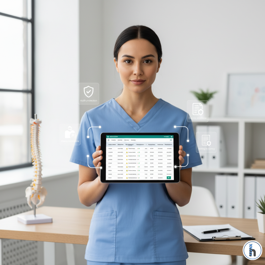 hellonote compliance and billing features displayed on a tablet held by a therapist