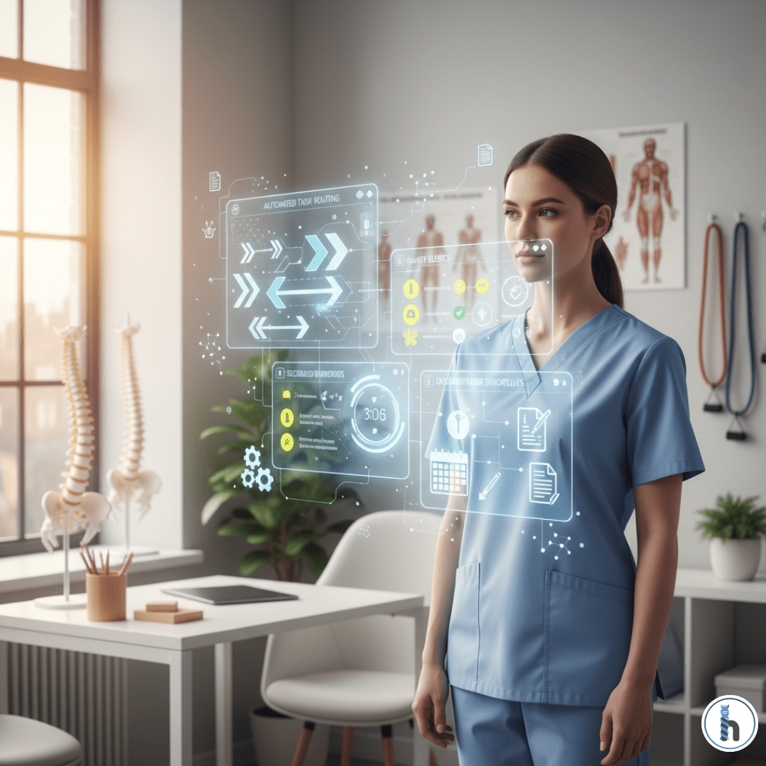 Therapist viewing futuristic holographic tools representing HelloNote AI-powered features inside a modern therapy clinic