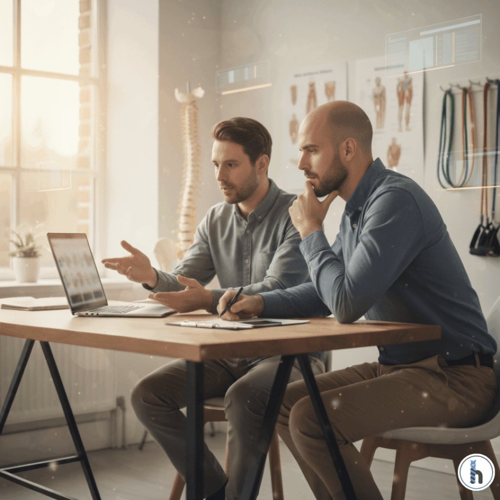 Therapists collaborating on a laptop while discussing About HelloNote EMR development inside a modern clinic office.
