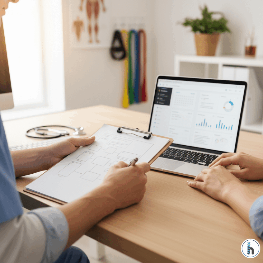 Therapists reviewing workflow plans with a laptop running About HelloNote EMR, collaborating to improve clinical documentation and processes.