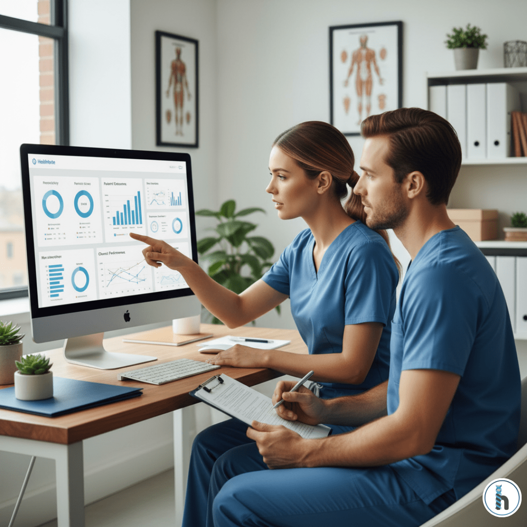 Two therapists in scrubs reviewing HelloNote analytics and reporting dashboards on a computer