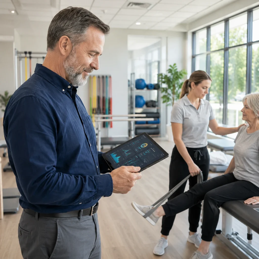 Experienced physical therapist reviewing patient progress on a digital tablet while another clinician provides hands-on treatment in a modern rehab clinic, illustrating PT vs DPT roles in practice