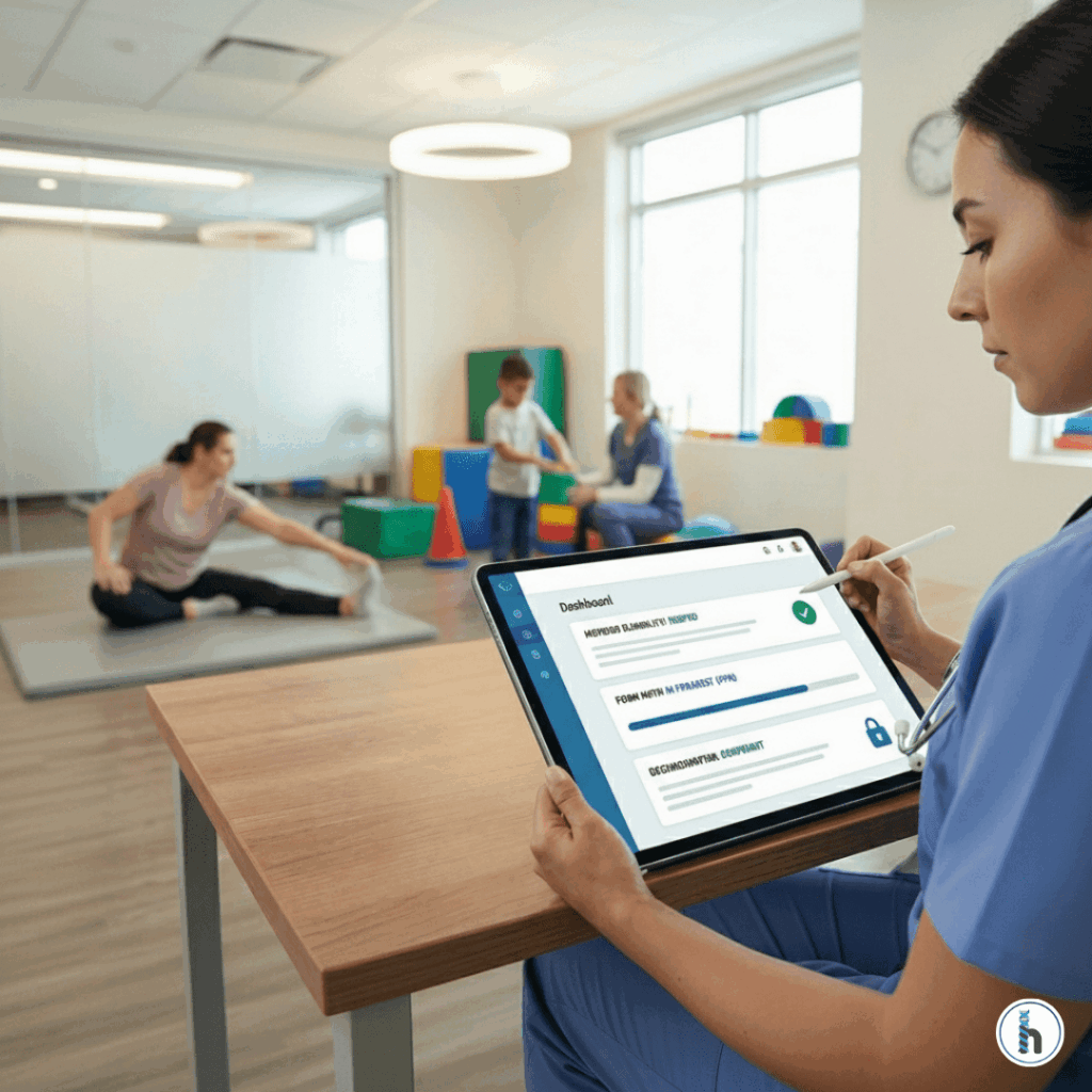 Therapist using a tablet with Medicaid-related EMR tools while pediatric therapy sessions take place in the background, illustrating features of the best EMR for Medicaid workflows.