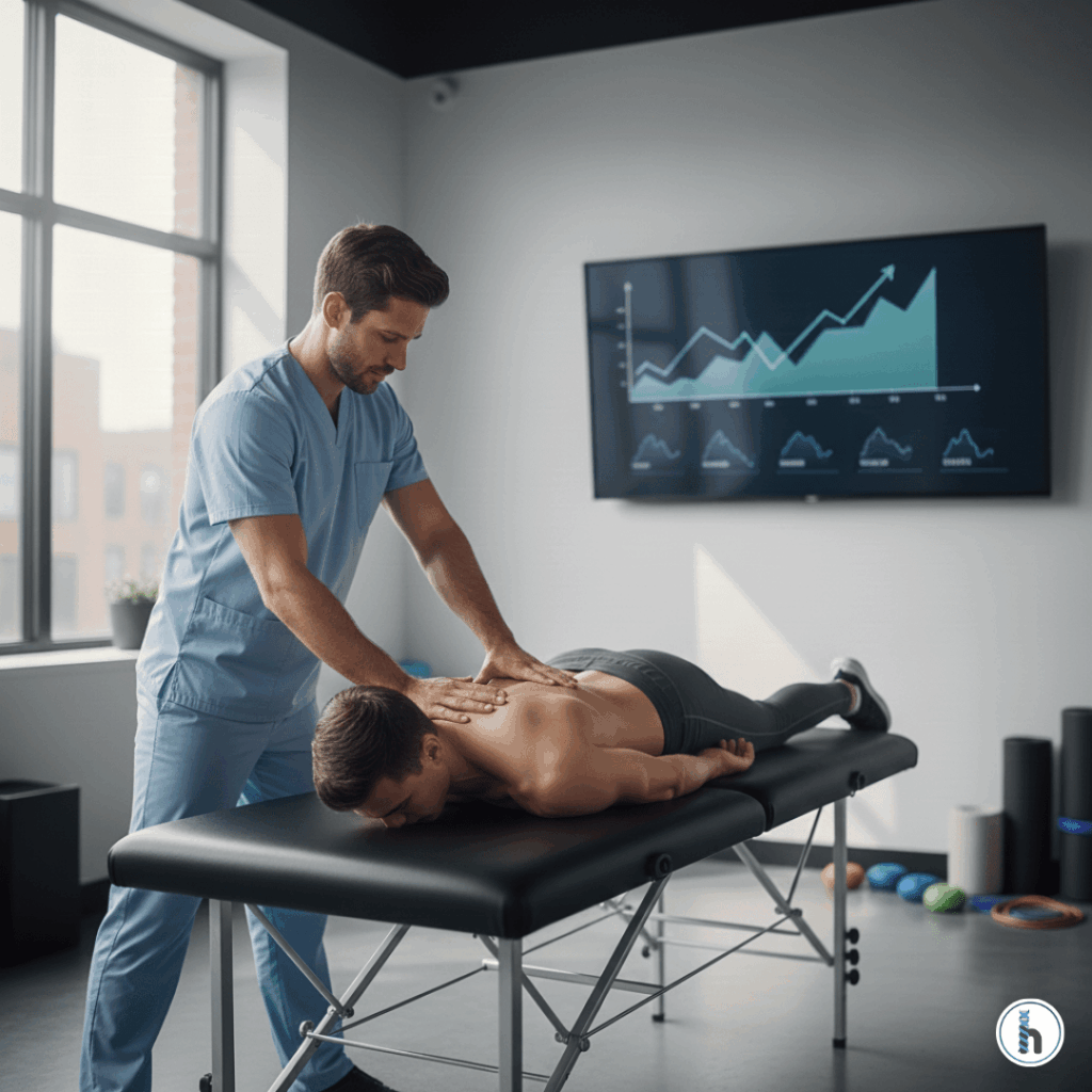 Chiropractor providing spinal treatment to an athlete on a therapy table with performance analytics displayed on a screen, illustrating chiropractic care for athletes and sports performance tracking.