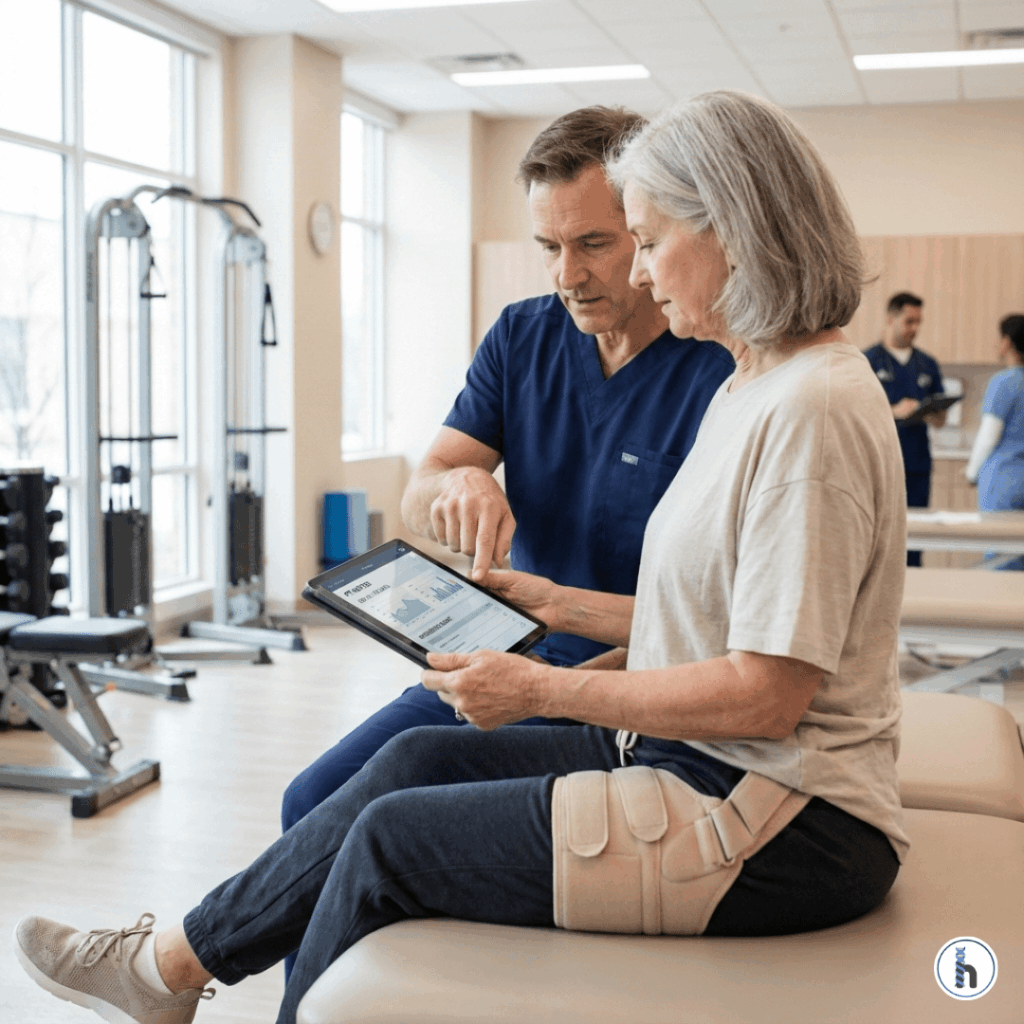 Physical therapist reviewing right hip fracture ICD-10 documentation with an older adult patient during a rehabilitation session