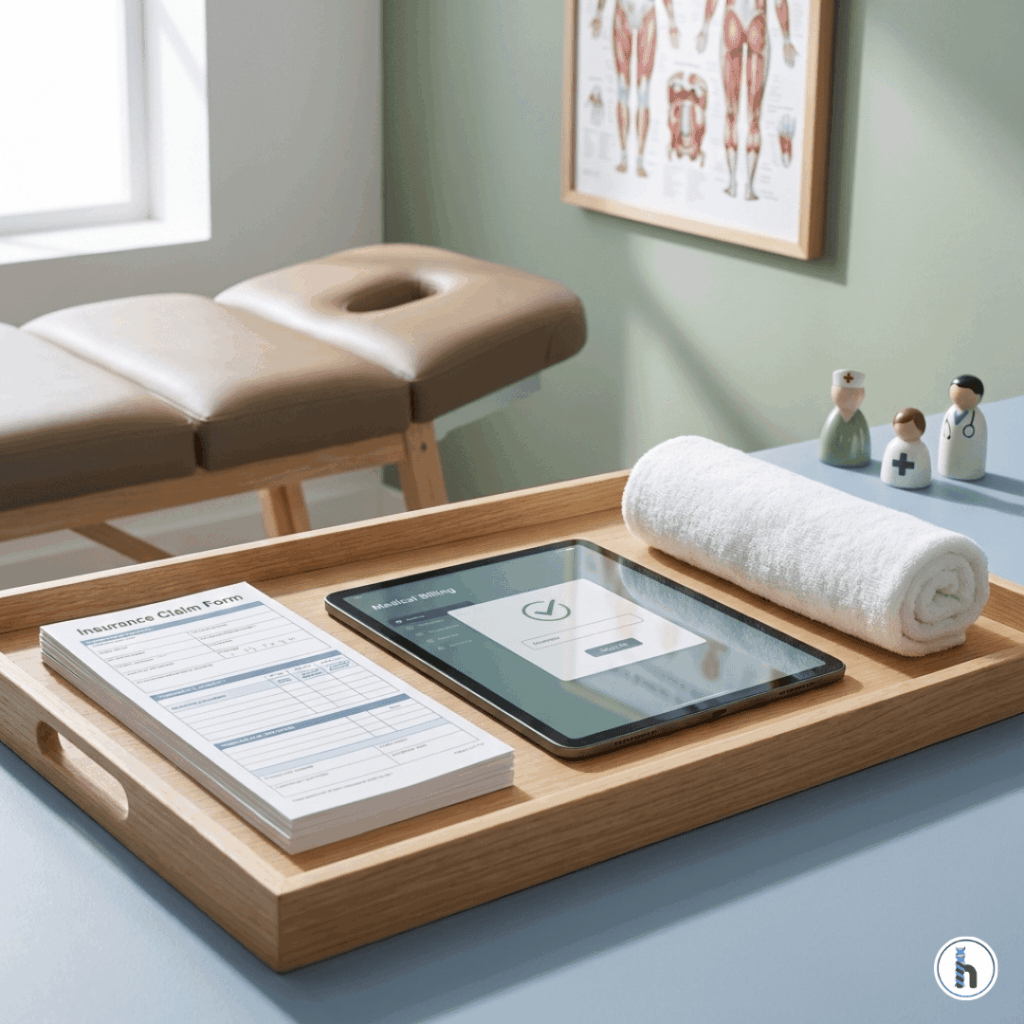 Massage therapy insurance documentation displayed on a tablet alongside insurance claim forms and a massage treatment table in a clinical setting
