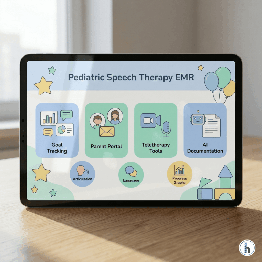 Tablet displaying a pediatric speech therapy EMR interface with icons for goal tracking, parent portal, teletherapy tools, and AI documentation.