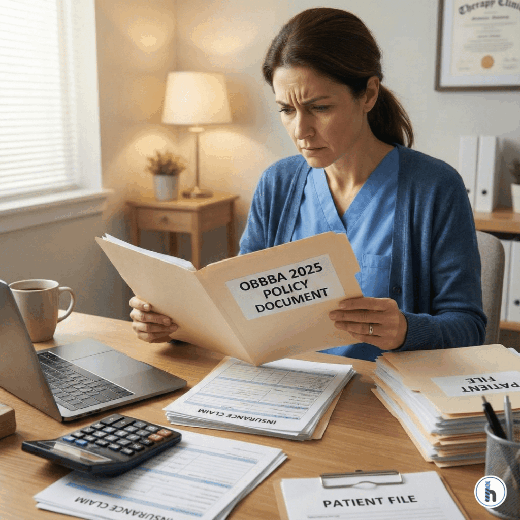 Therapist reviewing the OBBBA 2025 policy document, evaluating the OBBBA impact on therapy clinics and upcoming changes to patient coverage and reimbursement.