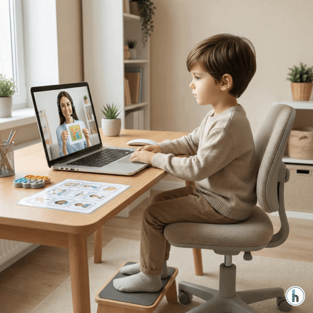 Child participating in an online speech therapy session with proper posture, sensory tools, and a structured workspace, demonstrating effective online speech therapy preparation.