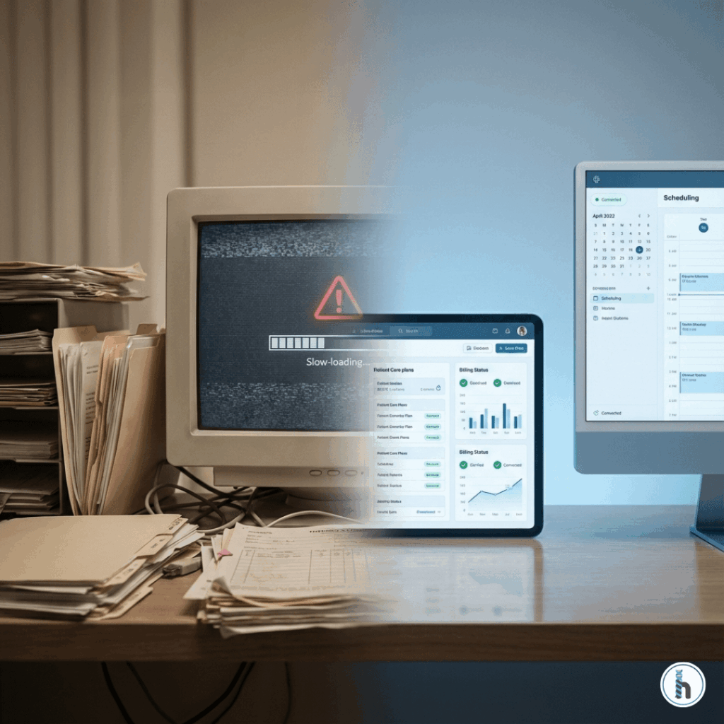 EMR transition for therapists showing a clinic moving from a slow legacy EMR with paper files to a modern digital EMR dashboard