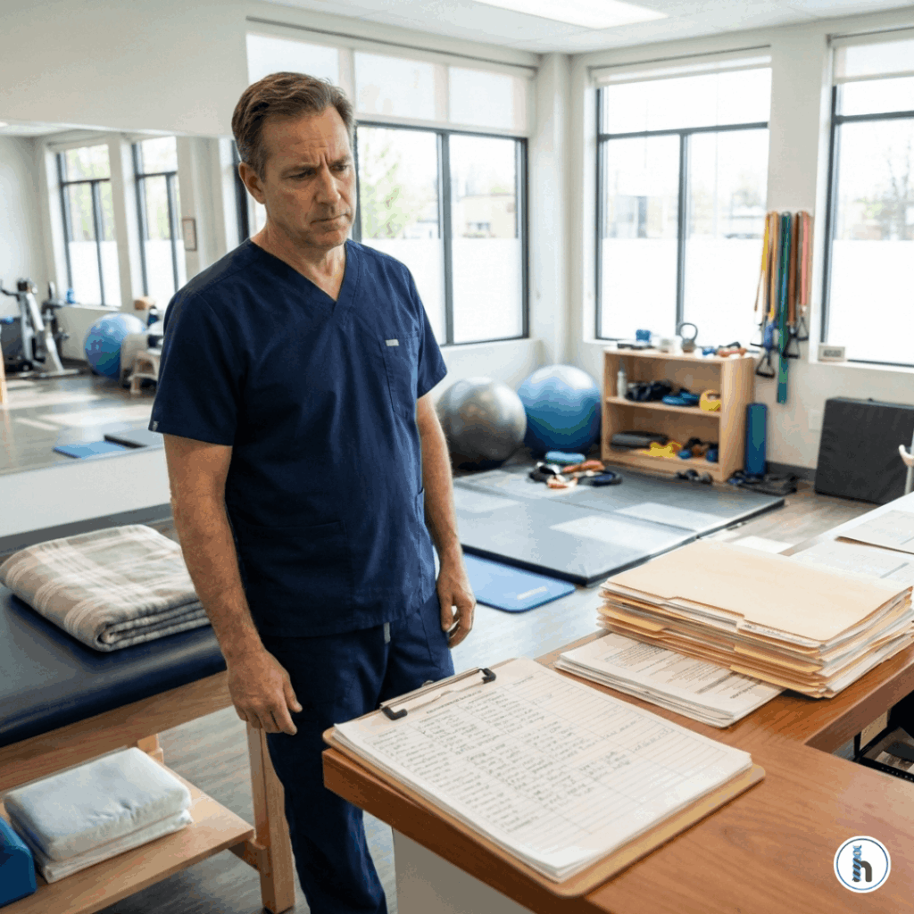 Physical therapist in a clinic reviewing stacks of paperwork, highlighting common physical therapy practice challenges such as documentation burden and administrative stress.