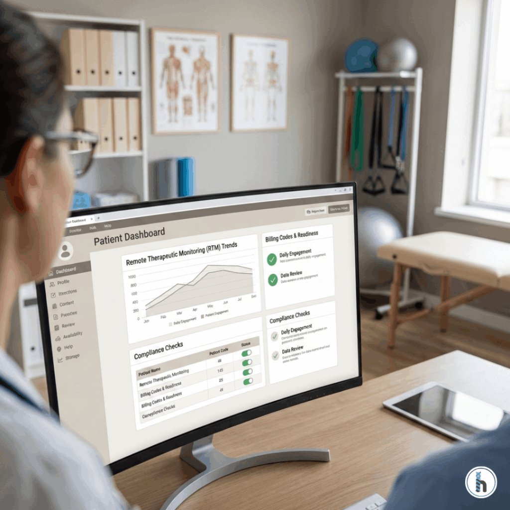 Physical therapist reviewing a therapy EMR dashboard showing remote therapeutic monitoring (RTM) trends, billing readiness, and compliance checks for Medicare RTM codes 98985 and 98979 in a modern clinic setting.