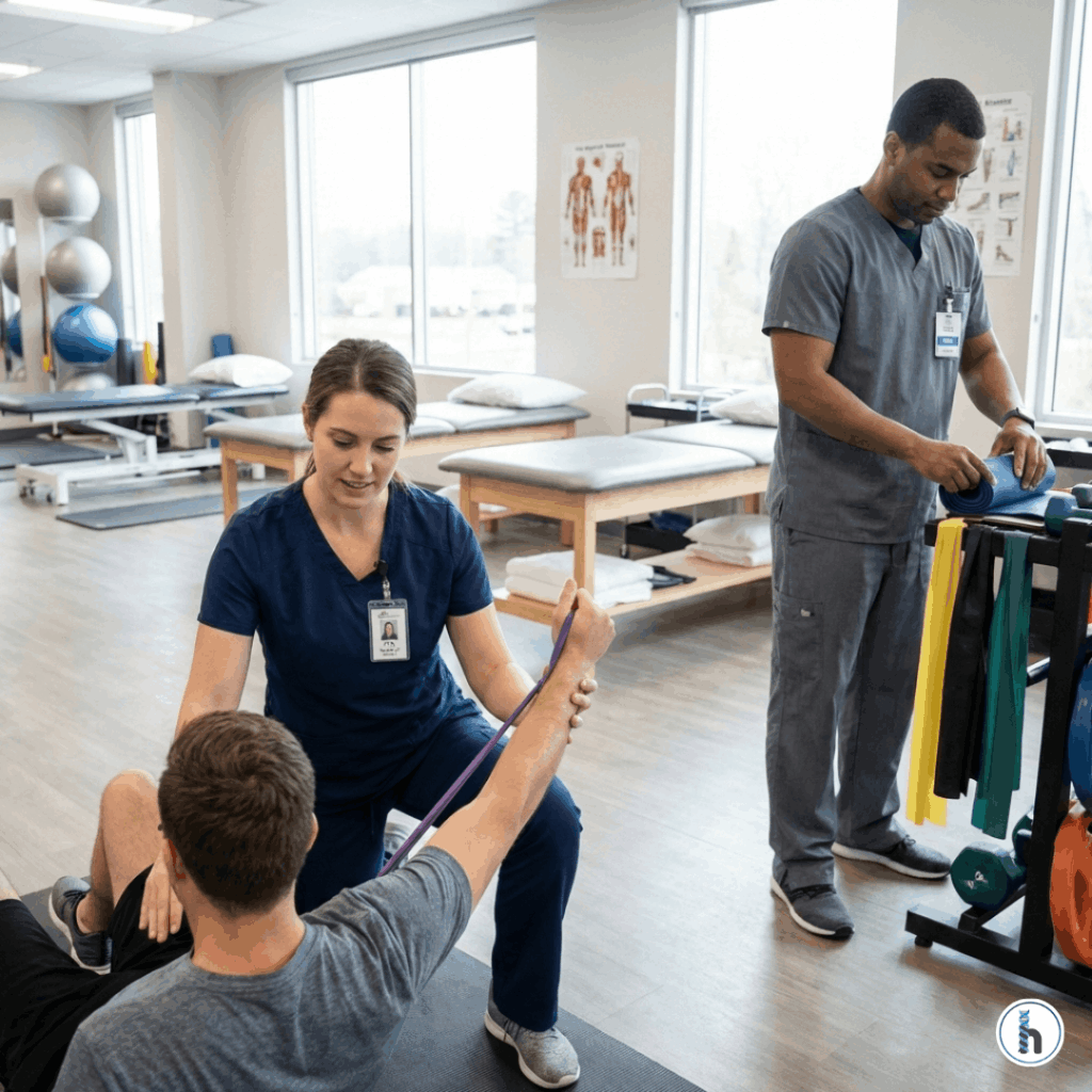 Physical therapist assistant providing supervised therapeutic exercise to a patient while a physical therapy technician prepares equipment in a modern outpatient clinic