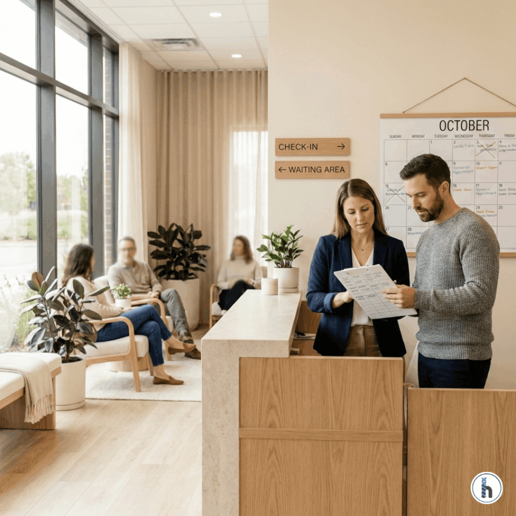 Therapy clinic front desk staff coordinating schedules while patients wait in an organized reception area