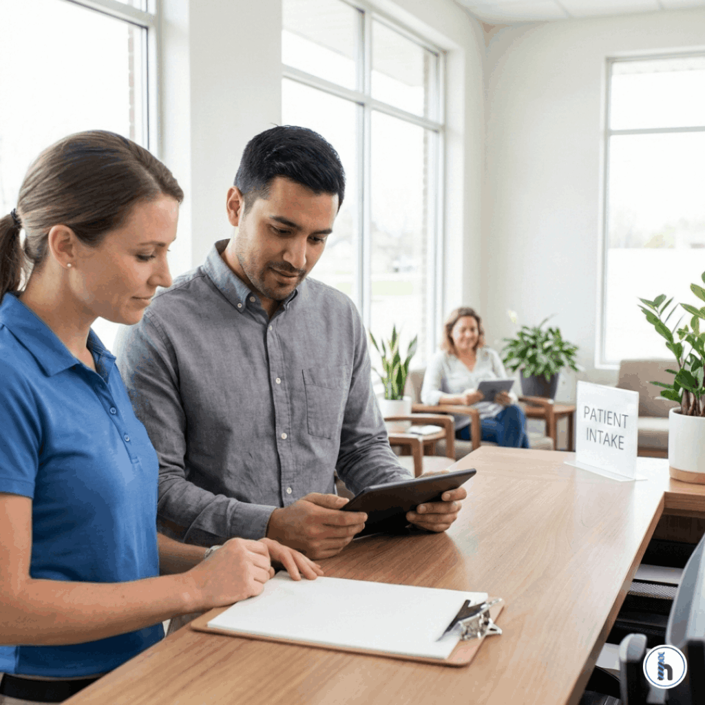 Front desk staff assisting a therapy patient with digital intake using a tablet in a modern clinic waiting area