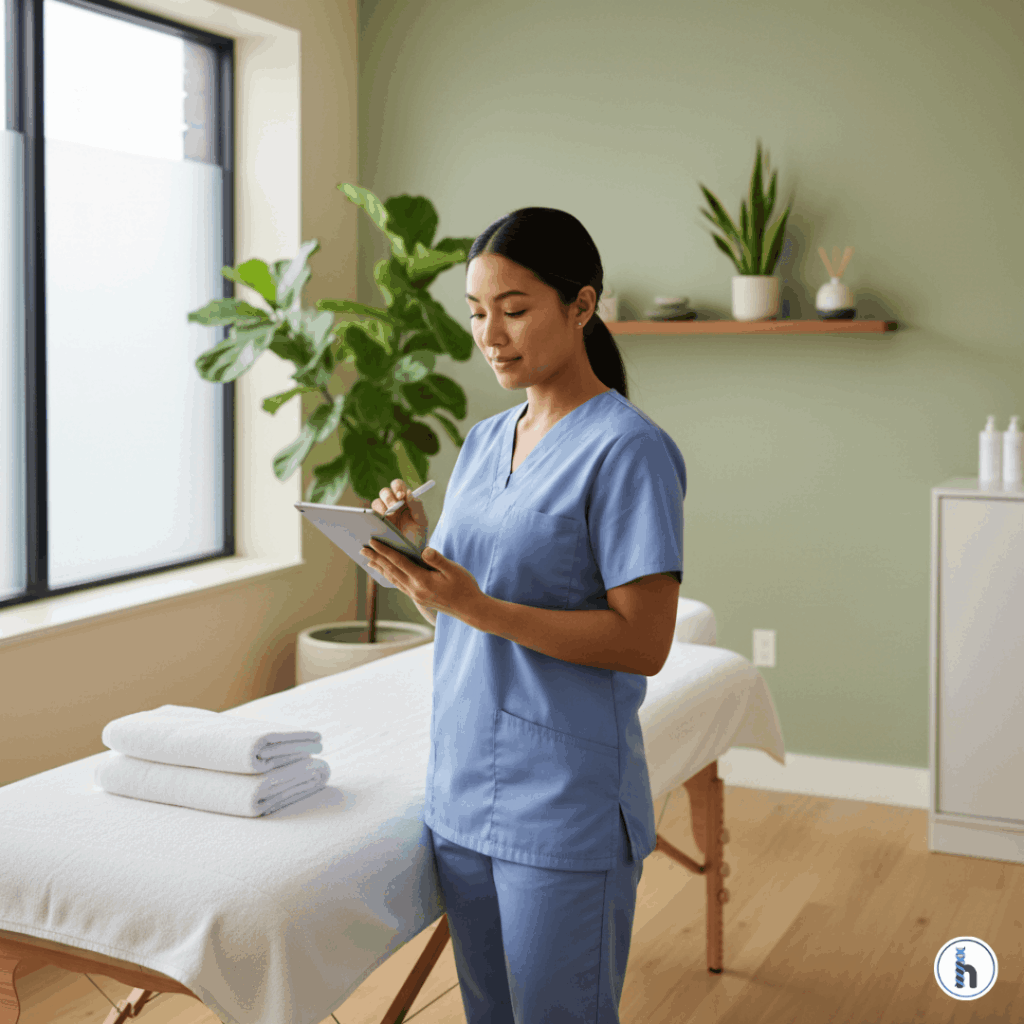 Licensed massage therapist reviewing client notes on a tablet in a modern treatment room, preparing for a professional massage therapy session.