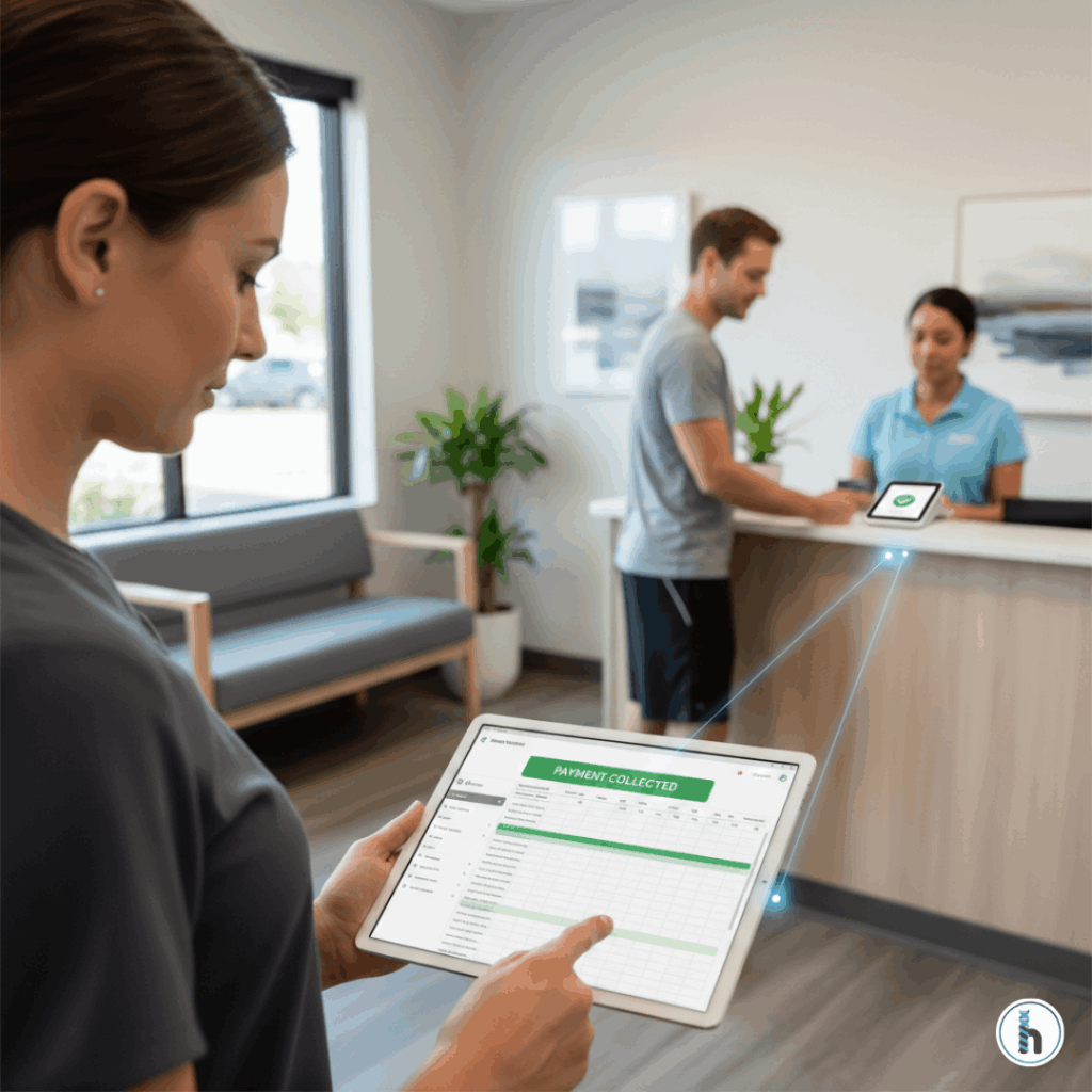 Therapy clinic staff reviewing EMR dashboard while collecting patient payment at the front desk using integrated HelloNote and Fiserv payment processing